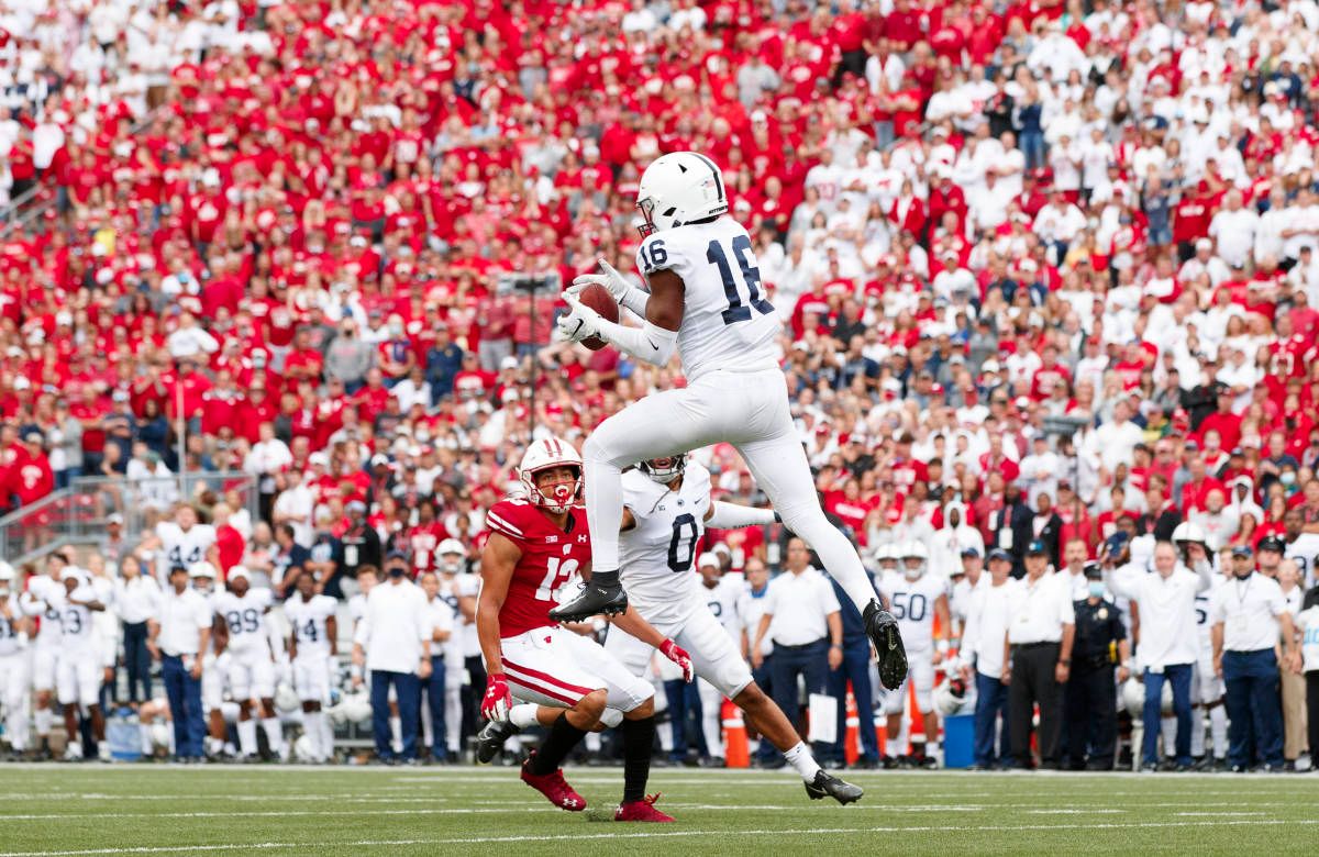 Penn State safety Ji'Ayir Brown intercepts a fourth-quarter pass to seal his team's 16-10 win over Wisconsin (Jeff Hanisch/USA Today Sports)