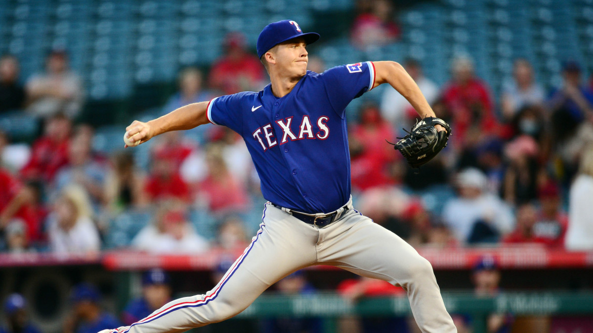 September 3, 2021; Anaheim, California, USA; Texas Rangers starting pitcher Glenn Otto (49) throws against the Los Angeles Angels during the first inning at Angel Stadium.