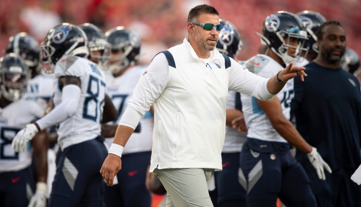 Tennessee Titans head coach Mike Vrabel walks the sideline during an NFL preseason game against the Tampa Bay Buccaneers at Raymond James Stadium Saturday, Aug. 21, 2021 in Tampa, Fla.