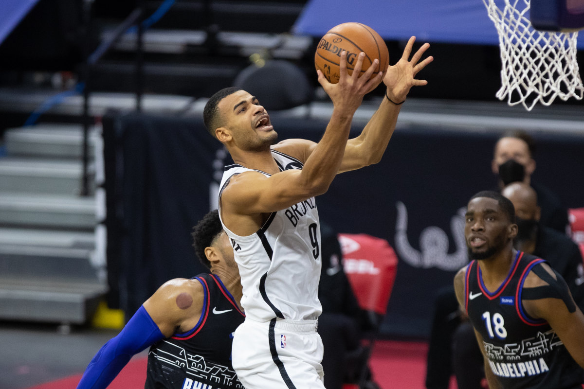 Brooklyn Nets guard Timothe Luwawu-Cabarrot (9) goes to the basket against the Philadelphia 76ers