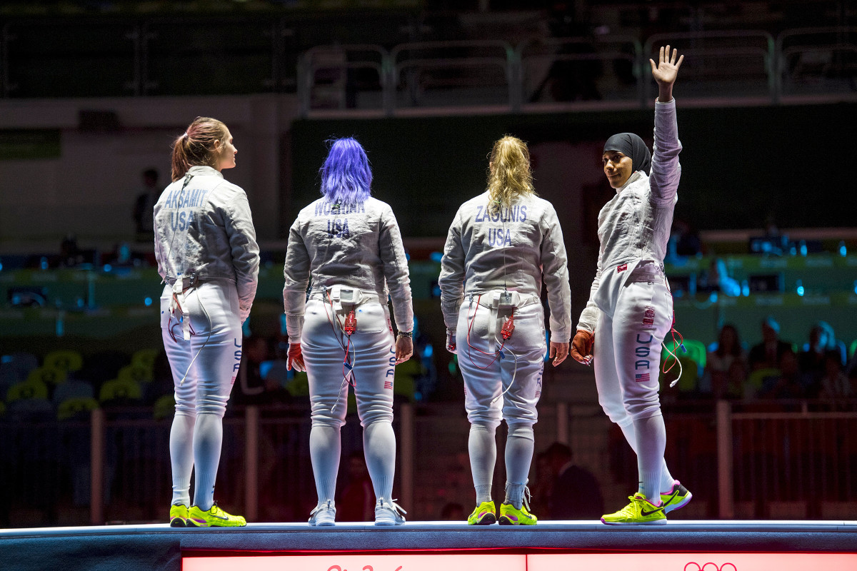 Muhammad (far right) in Rio, where she earned a 2016 bronze medal in team sabre.