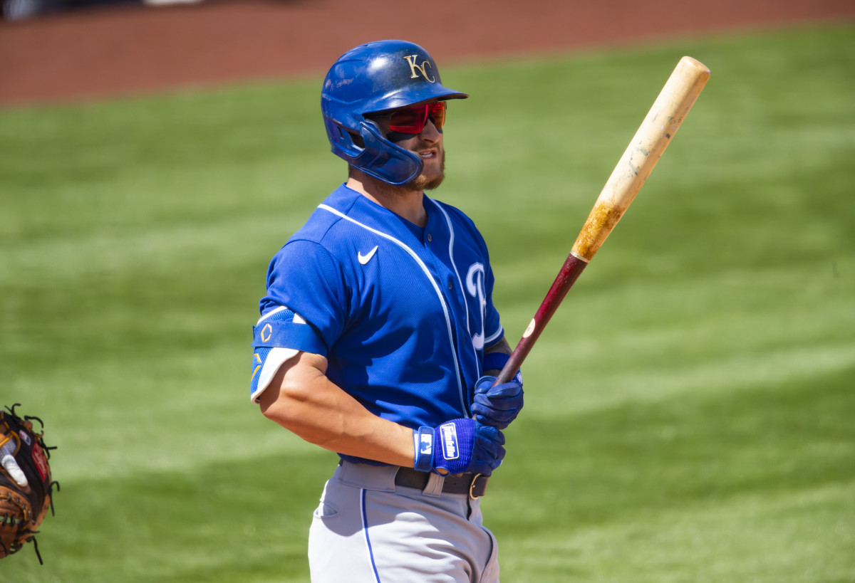 Mar 24, 2021; Tempe, Arizona, USA; Kansas City Royals outfielder Kyle Isbel against the Los Angeles Angels during a Spring Training game at Tempe Diablo Stadium. Mandatory Credit: Mark J. Rebilas-USA TODAY Sports