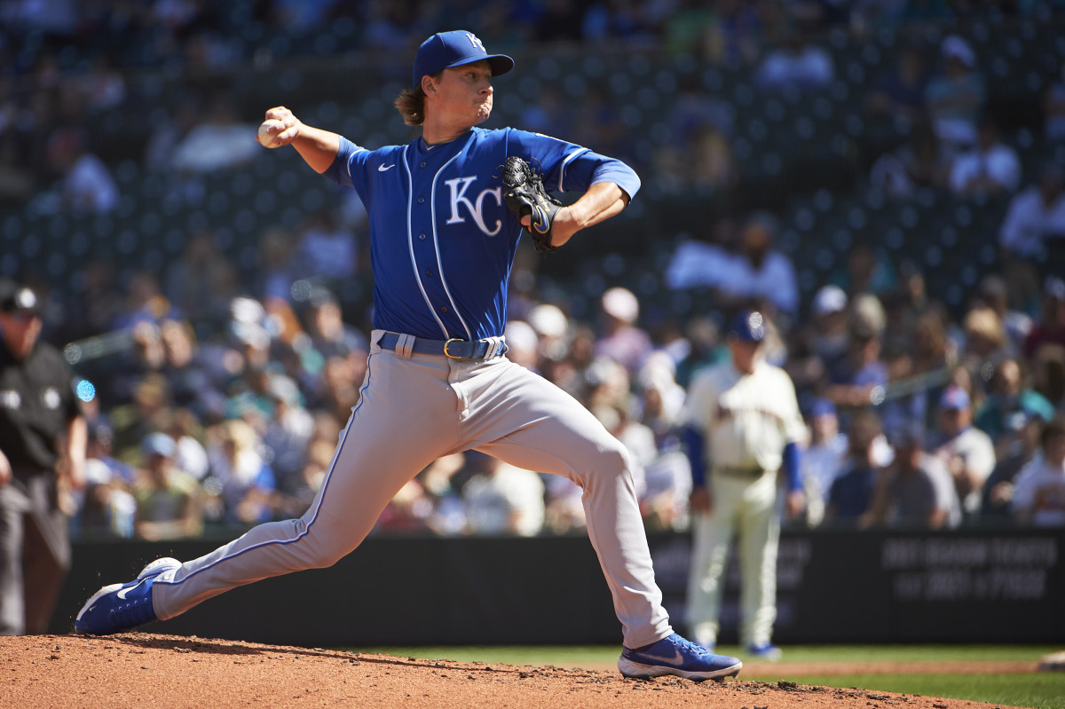 Aug 29, 2021; Seattle, Washington, USA; Kansas City Royals starting pitcher Brady Singer (51) throws the ball during the third inning against the Seattle Mariners at T-Mobile Park. Mandatory Credit: Troy Wayrynen-USA TODAY Sports