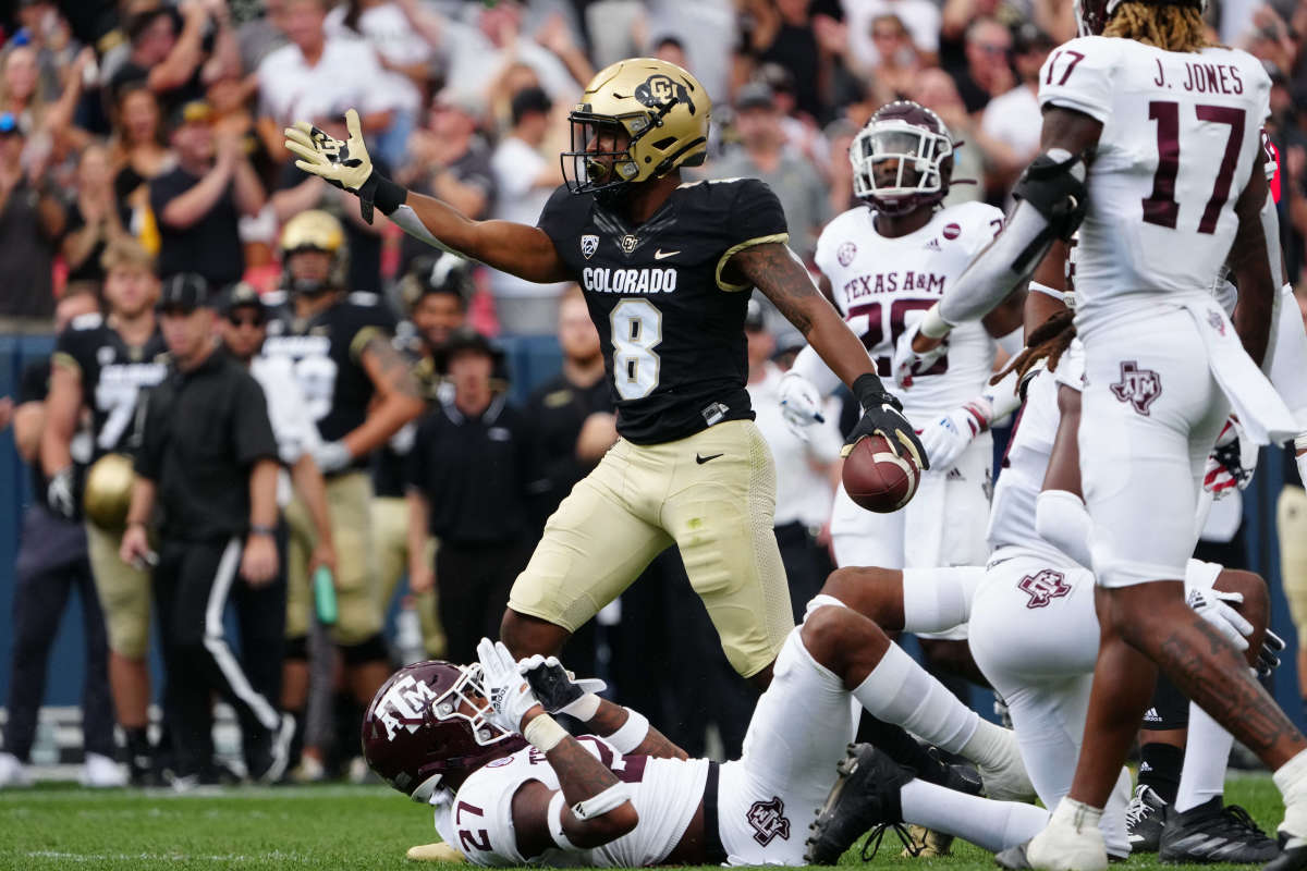 Colorado running back Alex Fontenot (8) celebrates a first down in the second quarter against Texas A&M.