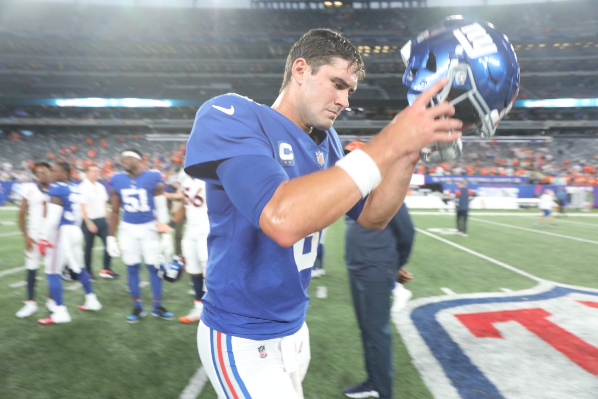 Giants quarterback Daniel Jones walks off the field aye the end of the game as the Denver Broncos came to MetLife Stadium in East Rutherford, NJ and beat the New York Giants 27-13 in the first game of the 2021 season on September 12, 2021.