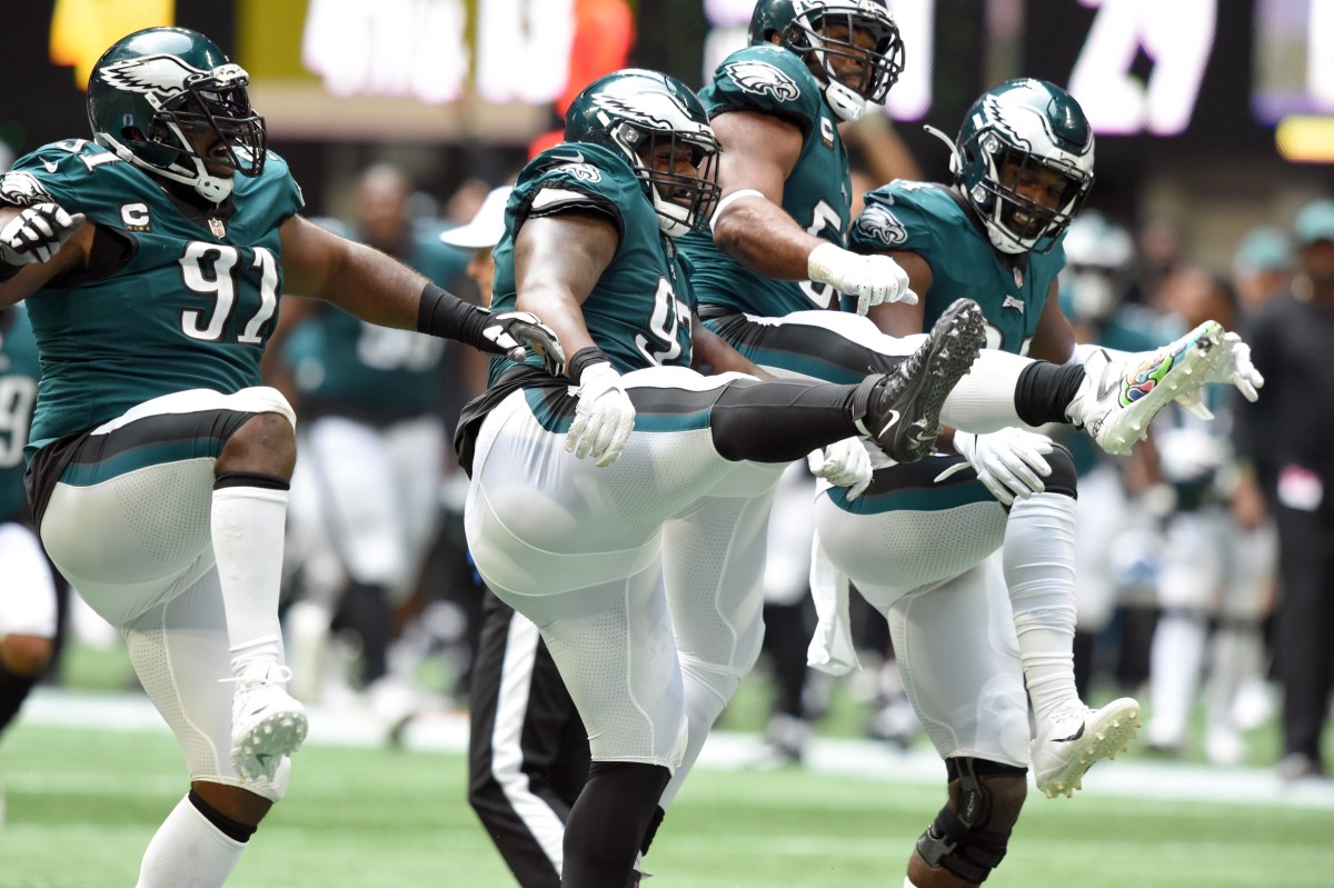 Javon Hargrave does a sack dance with teammates in win over Atlanta Falcons