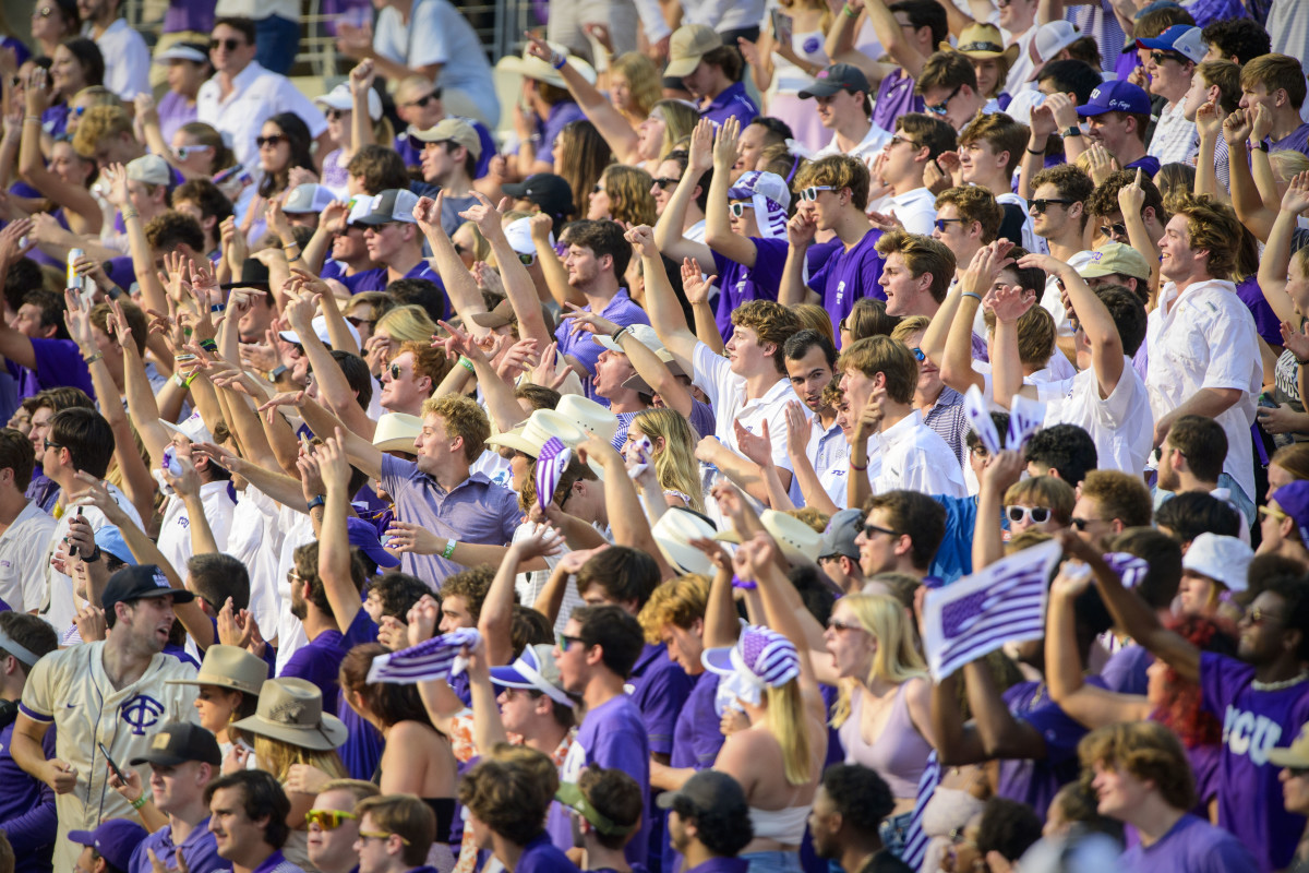 Sep 11, 2021; Fort Worth, Texas, USA; The TCU Horned Frogs students and fans cheer for the Frogs during the second half of the game between the TCU Horned Frogs and the California Golden Bears at Amon G. Carter Stadium.