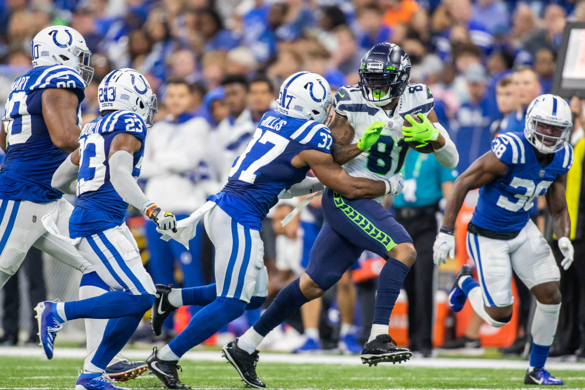 Sep 12, 2021; Indianapolis, Indiana, USA; Seattle Seahawks tight end Gerald Everett (81) runs with the ball while Indianapolis Colts safety Khari Willis (37) defends in the second quarter at Lucas Oil Stadium.