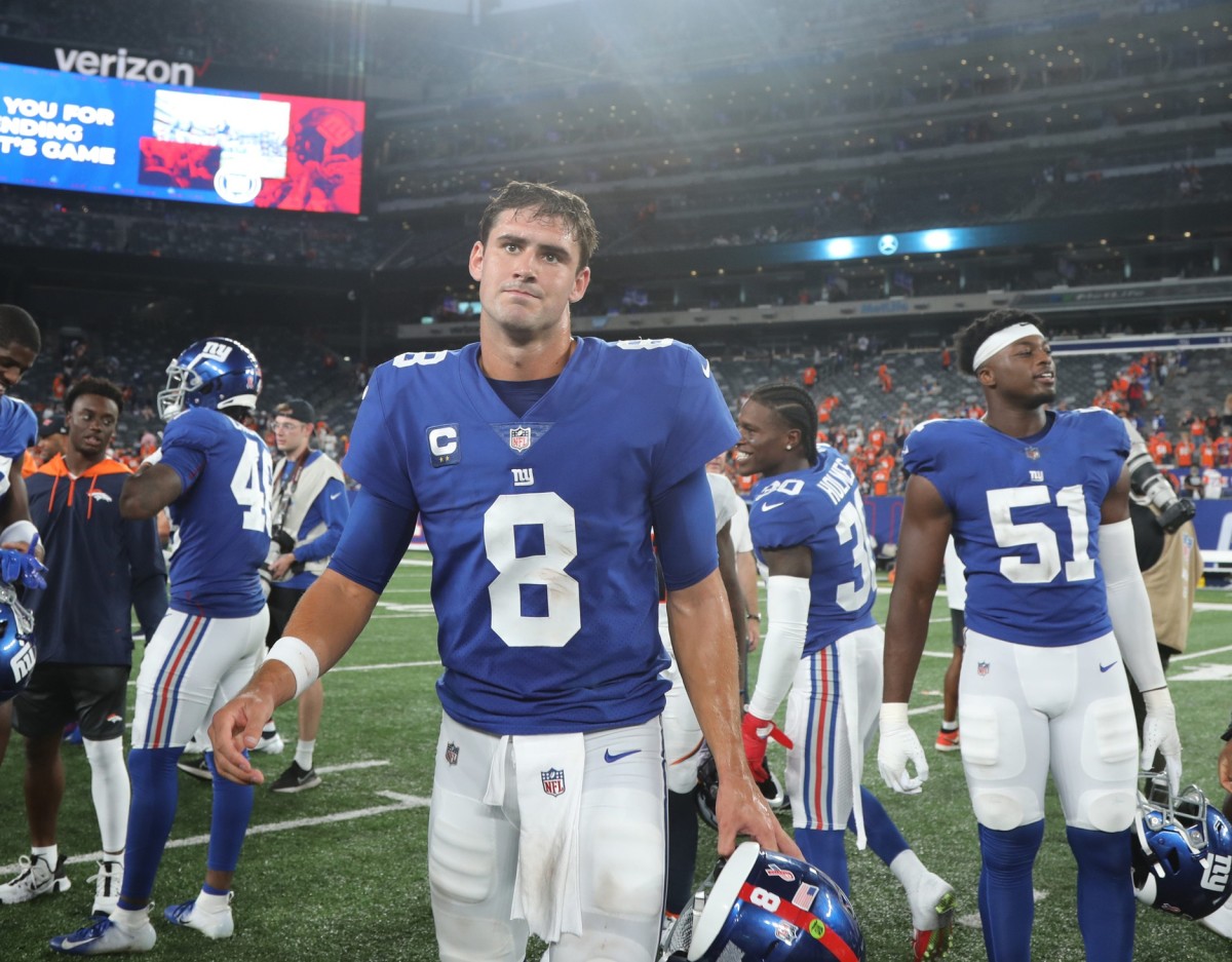 Giants quarterback Daniel Jones walks off the field aye the end of the game as the Denver Broncos came to MetLife Stadium in East Rutherford, NJ and beat the New York Giants 27-13 in the first game of the 2021 season on September 12, 2021.