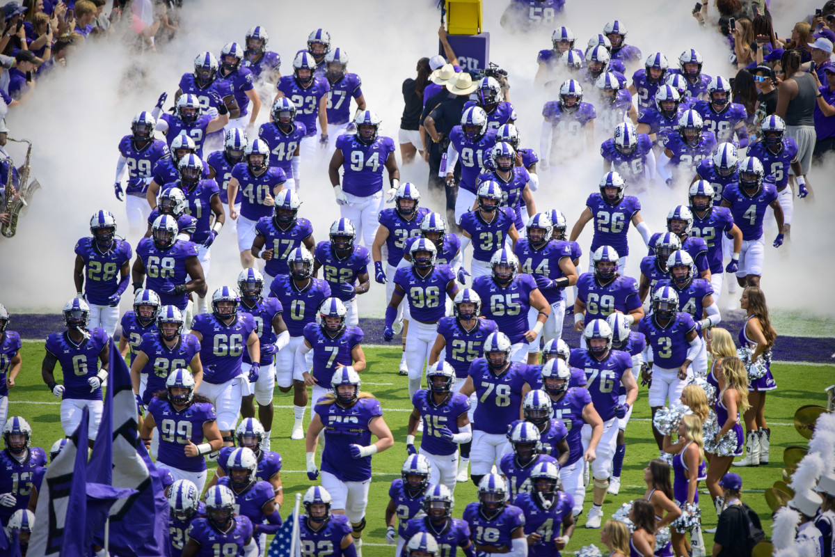 Sep 11, 2021; Fort Worth, Texas, USA; The TCU Horned Frogs team takes the field before the game between the TCU Horned Frogs and the California Golden Bears at Amon G. Carter Stadium.