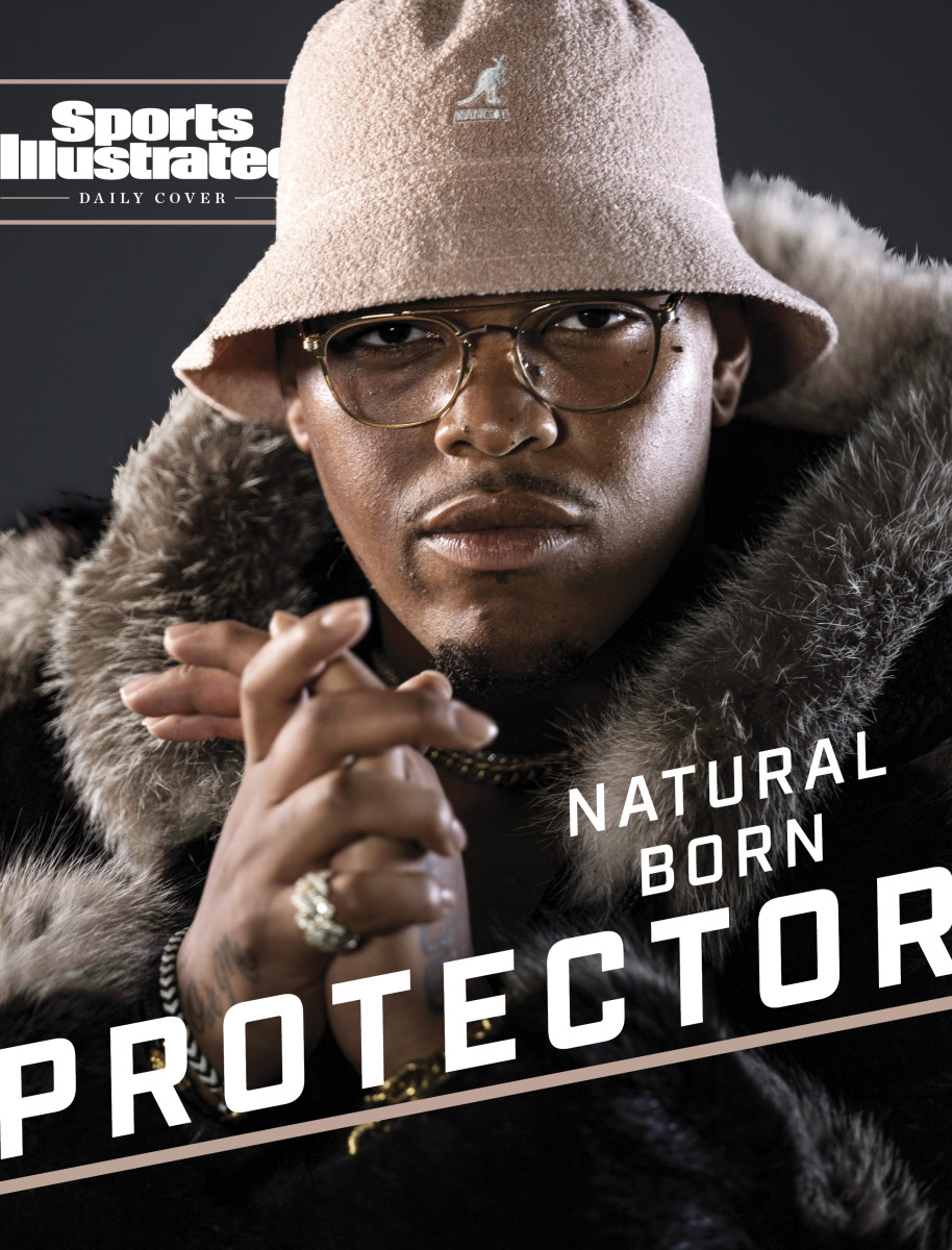 Portrait of Orlando Brown Jr. in a mink coat for SI Daily Cover