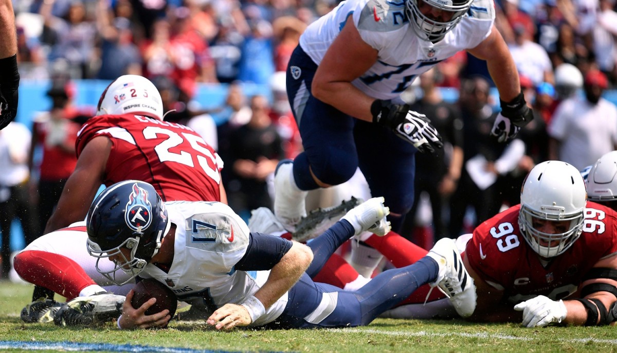 Tennessee Titans quarterback Ryan Tannehill (17) dives into the end zone for a touch down as they face the Arizona Cardinals at Nissan Stadium Sunday, Sept. 12, 2021 in Nashville, Tenn.