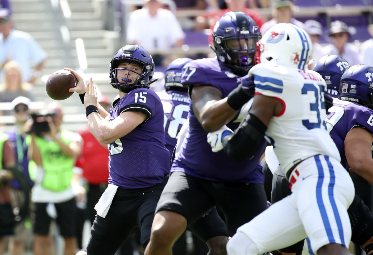 Sep 21, 2019; Fort Worth, TX, USA; TCU Horned Frogs quarterback Max Duggan (15) throws during the first quarter against the Southern Methodist Mustangs at Amon G. Carter Stadium.
