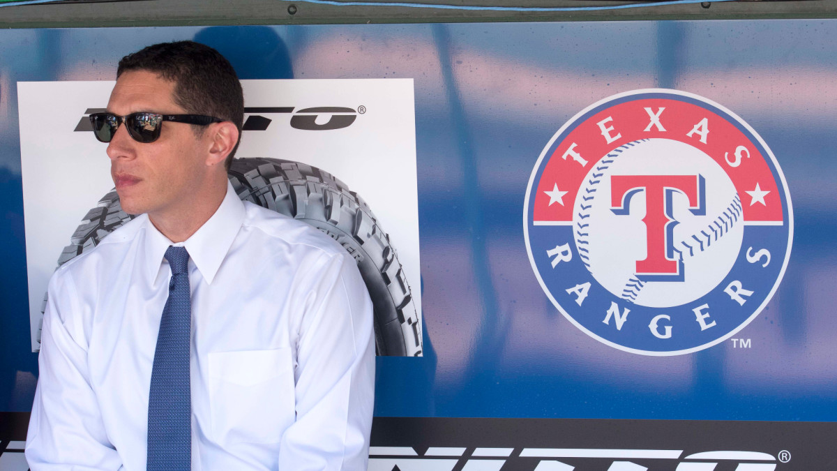 Apr 3, 2017; Arlington, TX, USA; Texas Rangers general manager Jon Daniels watches batting practice before the game between the Rangers and the Cleveland Indians at Globe Life Park in Arlington.