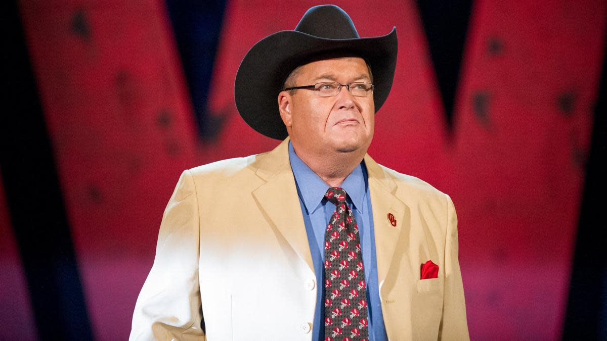 Closeup of wrestling announcer Jim Ross in his trademark cowboy hat