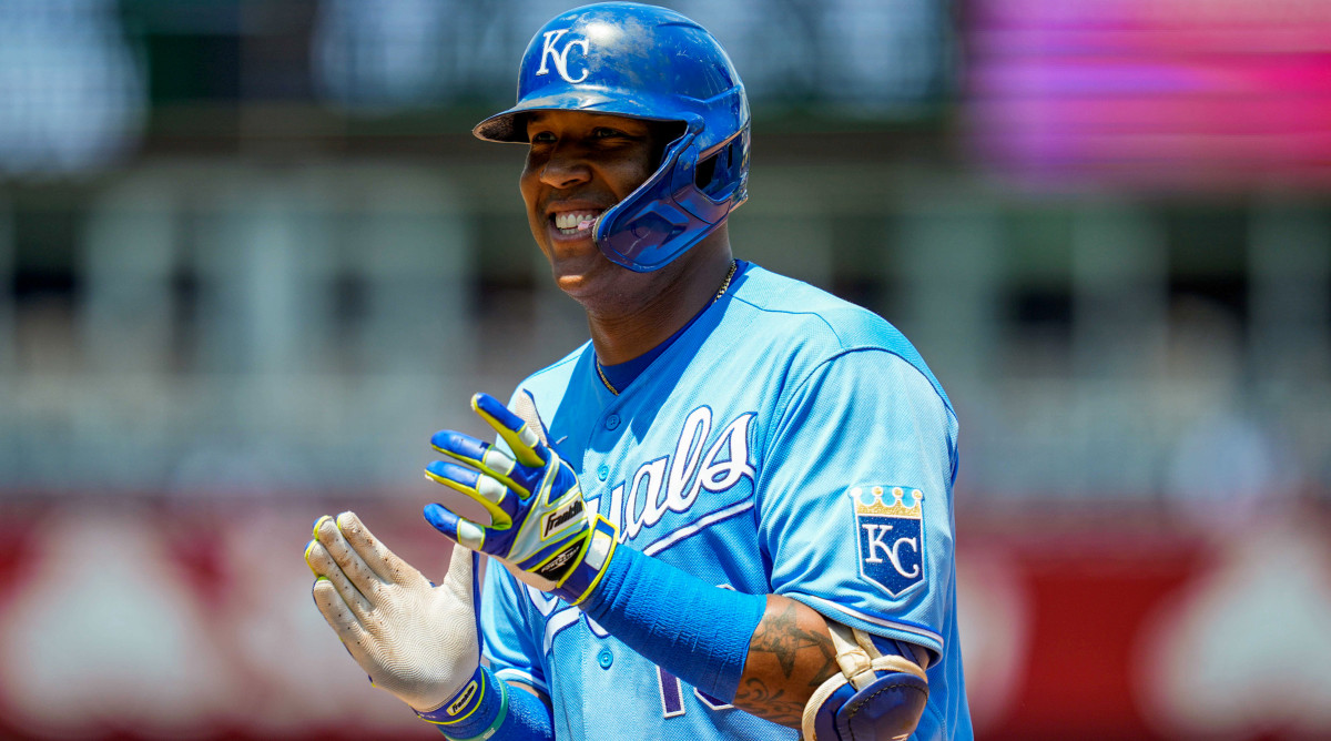 Sep 16, 2021; Kansas City, Missouri, USA; Kansas City Royals designated hitter Salvador Perez (13) rounds the bases after hitting a home run against the Oakland Athletics during the first inning at Kauffman Stadium.