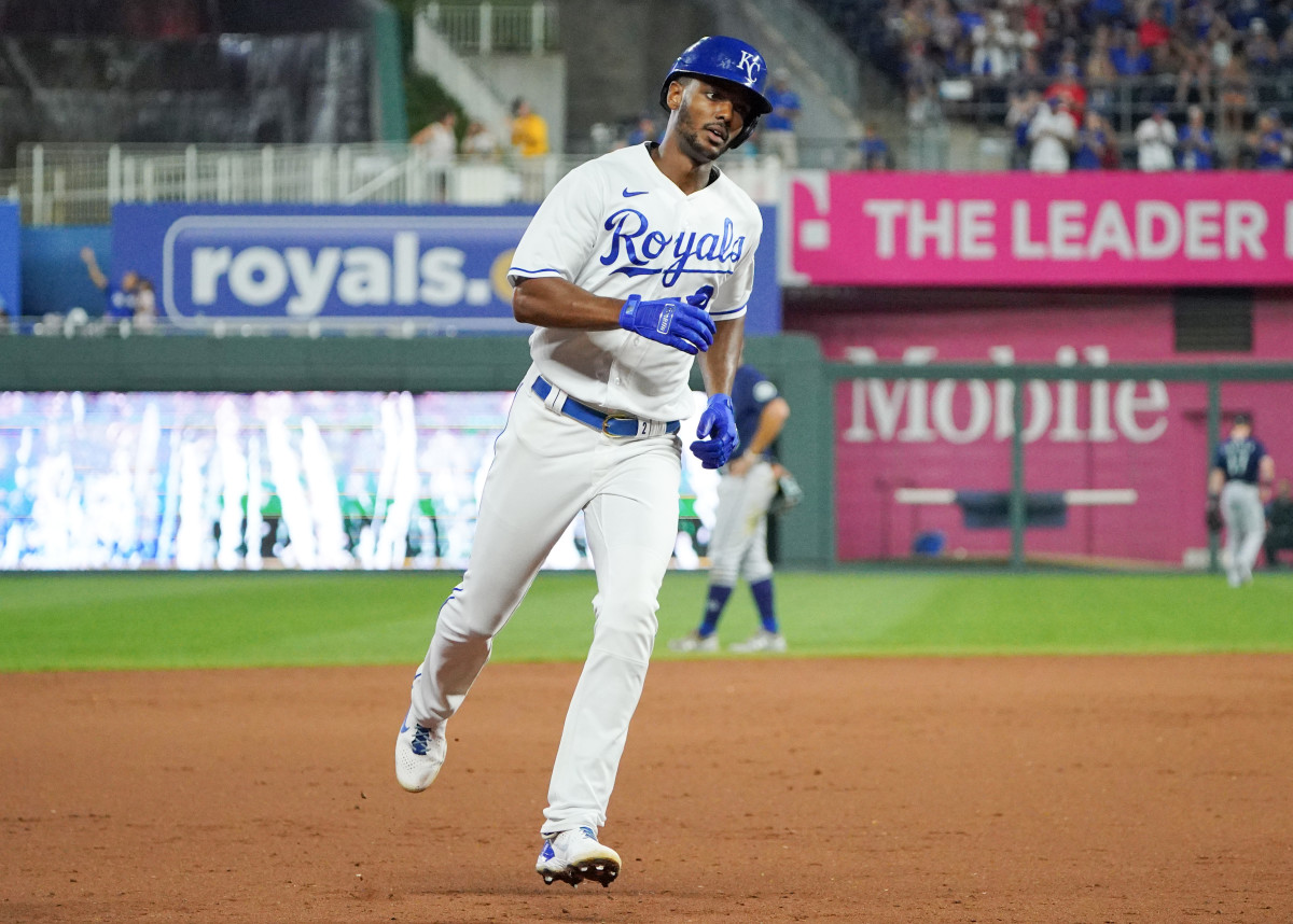 Sep 18, 2021; Kansas City, Missouri, USA; Kansas City Royals center fielder Michael A. Taylor (2) runs the bases after hitting a solo home run against the Seattle Mariners in the fifth inning at Kauffman Stadium. Mandatory Credit: Denny Medley-USA TODAY Sports