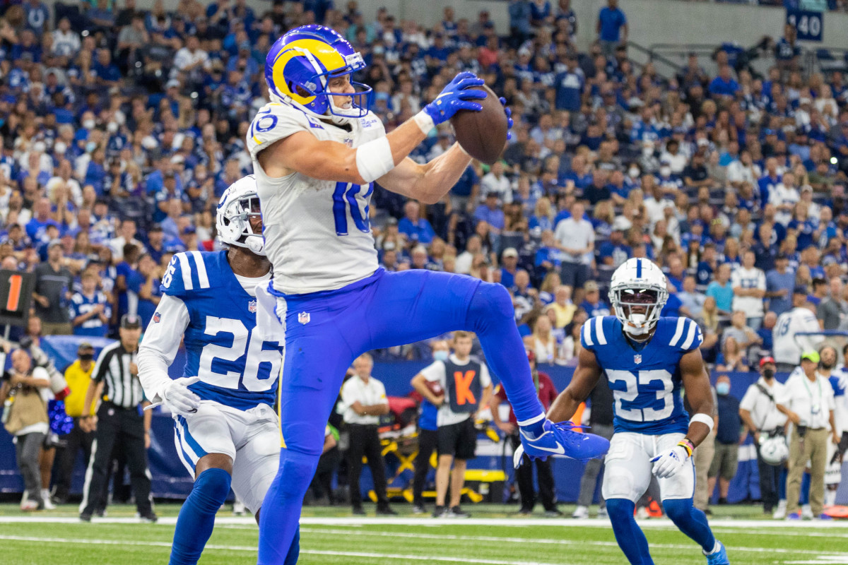 Sep 19, 2021; Indianapolis, Indiana, USA; Los Angeles Rams wide receiver Cooper Kupp (10) catches his second touchdown of the game in the second half against the Indianapolis Colts at Lucas Oil Stadium.