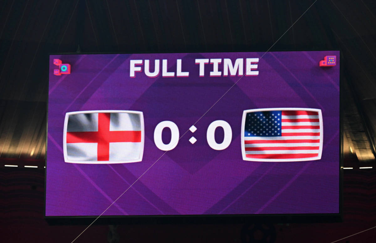 A picture showing the final score displayed a giant screen at Al-Bayt Stadium after England's 0-0 draw with the USA at the 2022 World Cup