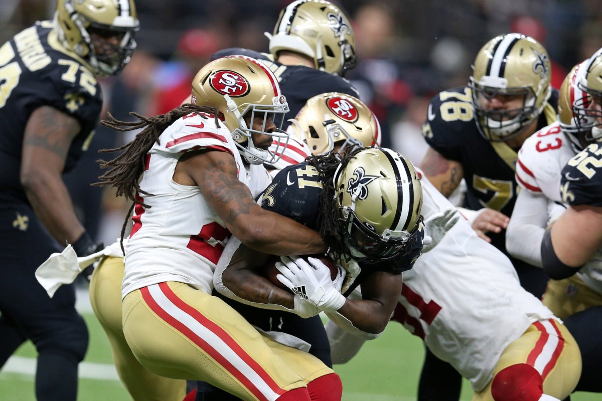 Dec 8, 2019; New Orleans Saints running back Alvin Kamara (41) is tackled against the San Francisco 49ers. Mandatory Credit: Chuck Cook-USA TODAY Sports