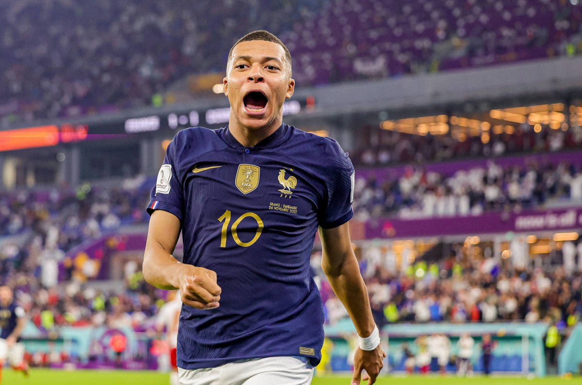 Kylian Mbappe pictured celebrating after scoring two goals for France against Denmark at the 2022 FIFA World Cup in Qatar