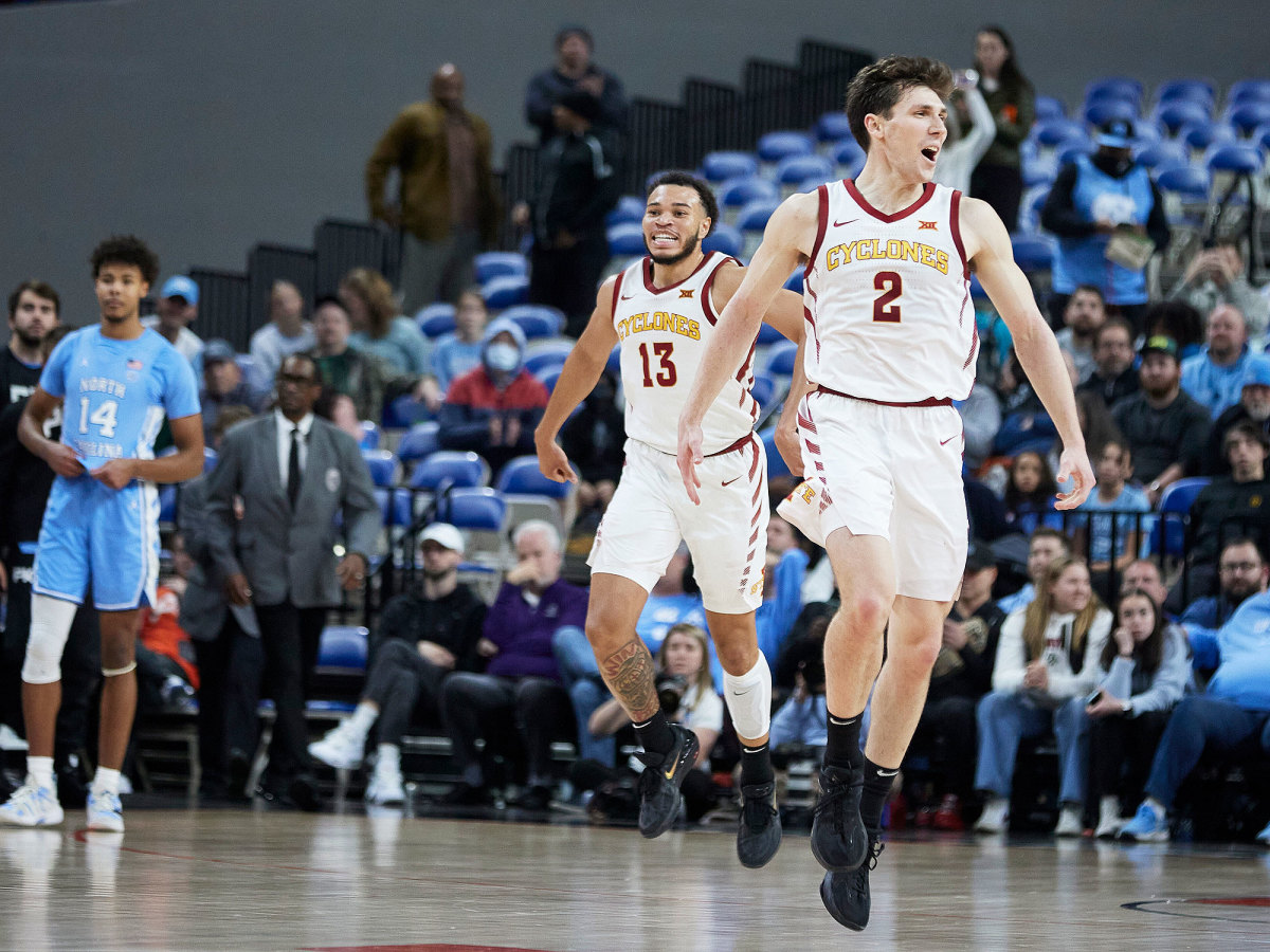 Iowa State's Caleb Grill celebrates a three vs. UNC