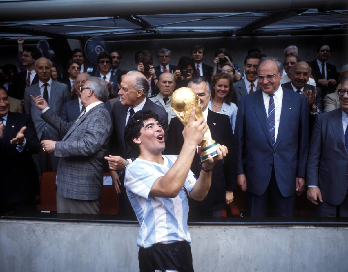Diego Maradona pictured lifting the World Cup trophy after Argentina's victory in the 1986 final
