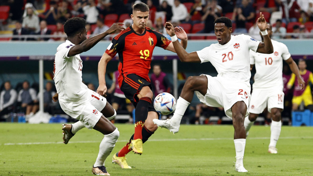 Canada’s Alphonso Davies and Jonathan David vs. Belgium at the World Cup