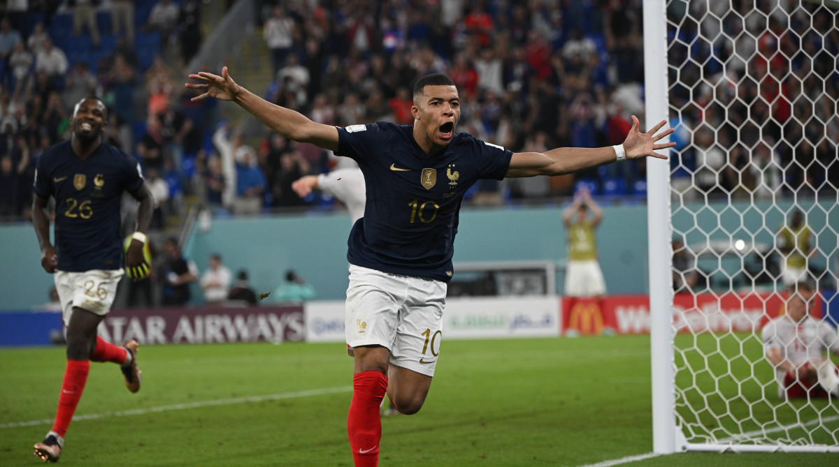 France’s Kylian Mbappe celebrates a goal vs. Denmark.