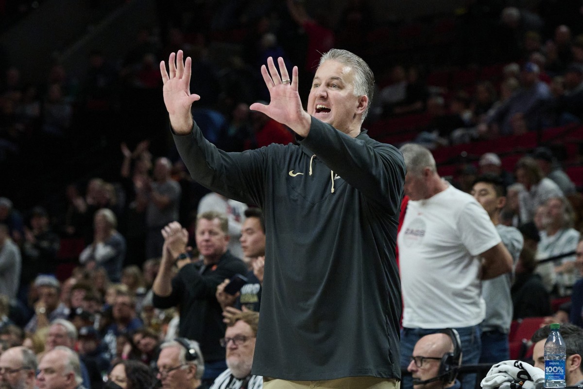 Nov 25, 2022; Portland, Oregon, USA; Purdue Boilermakers head coach Matt Painter signals to his players during the second half against the Gonzaga Bulldogs at Moda Center. Purdue won the game 84-66.