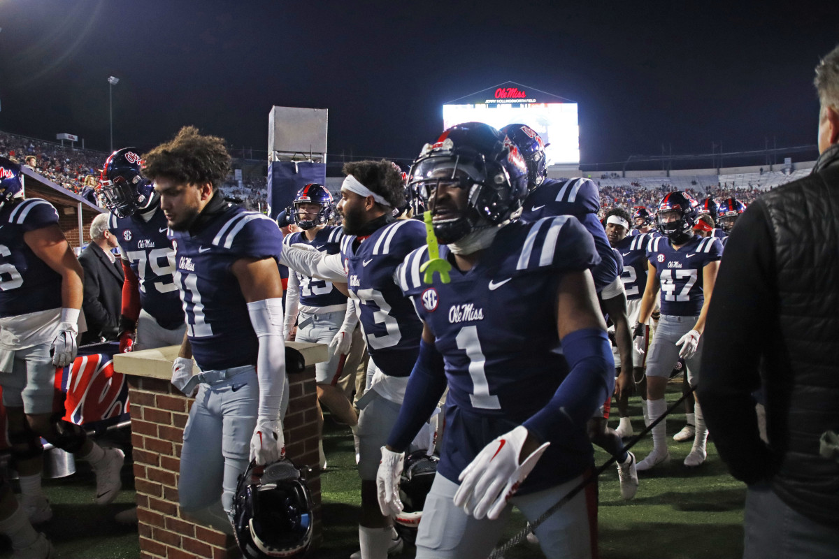 Ole Miss safety Isheem Young walks off the field following a win at Vaught-Hemingway Stadium in Oxford, Miss. 