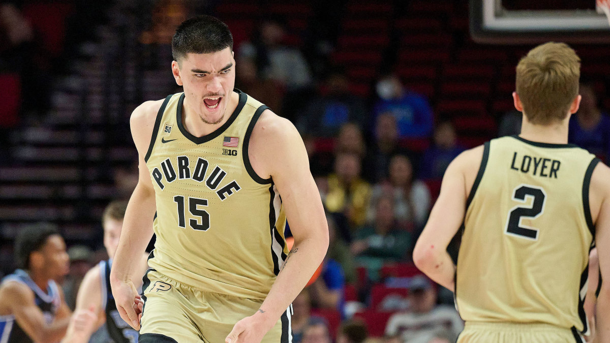 Purdue’s Zach Edey yells while running down the floor