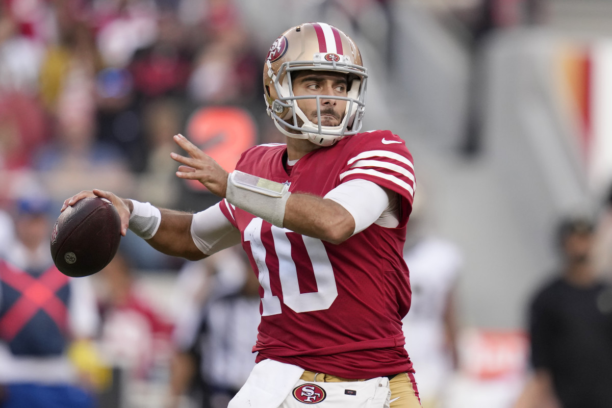 Jimmy Garoppolo throws a pass during a win over the Saints