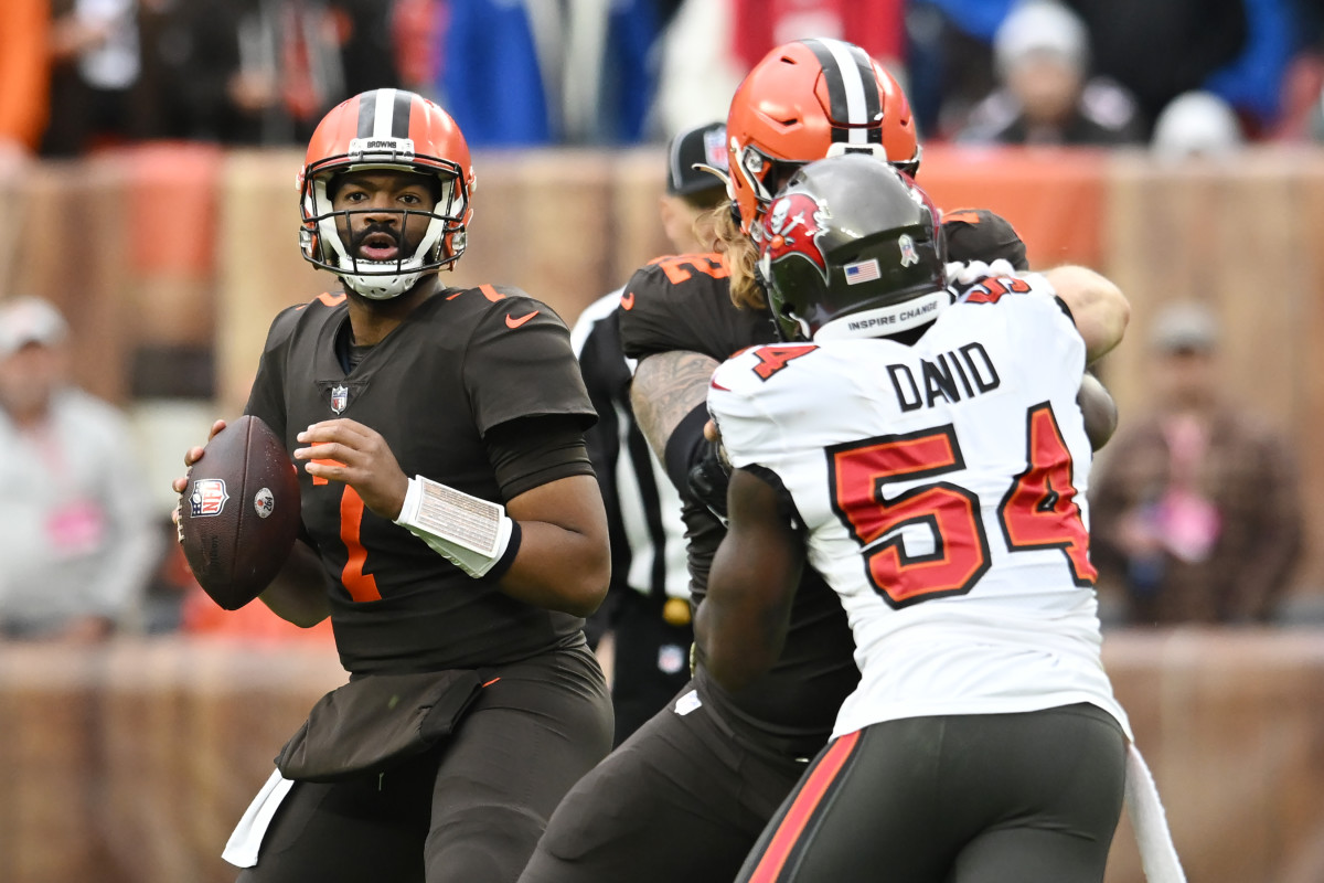 Jacoby Brissett looks downfield from the pocket during a win over the Bucs