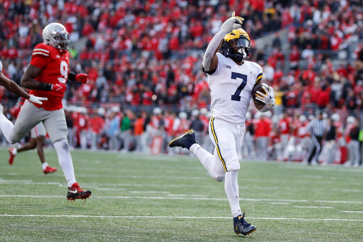 Michigan running back Donovan Edwards runs for a touchdown against Ohio State during the second half at Ohio Stadium in Columbus, Ohio, on Saturday, Nov. 26, 2022.