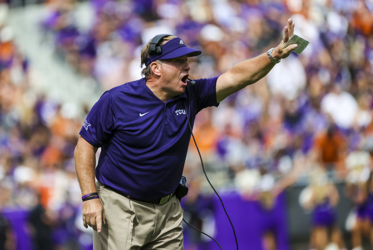 Oct 2, 2021; Fort Worth, Texas, USA; TCU Horned Frogs head coach Gary Patterson reacts during the second quarter against the Texas Longhorns at Amon G. Carter Stadium. Mandatory Credit: Kevin Jairaj-USA TODAY Sports