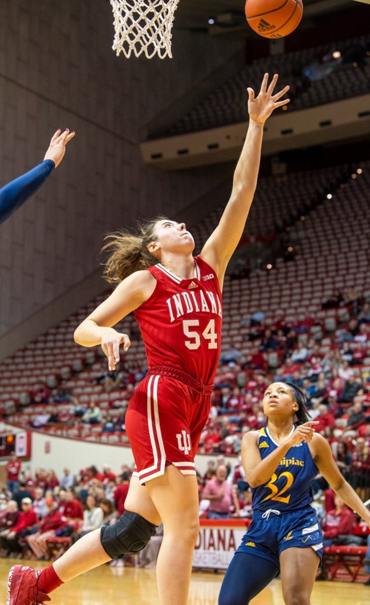 Indiana's Mackenzie Holmes (54) scores during the Indiana versus Quinnipiac women's basketball game at Simon Skjodt Assembly Hall on Sunday, Nov. 20, 2022.