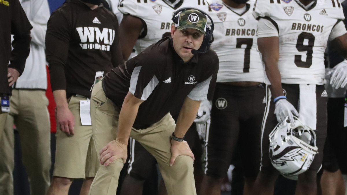 Western Michigan coach Tim Lester watches from the sideline during the 52-24 win over Nevada in the Quick Lane Bowl on Monday, Dec. 27, 2021, at Ford Field. Quick Lane