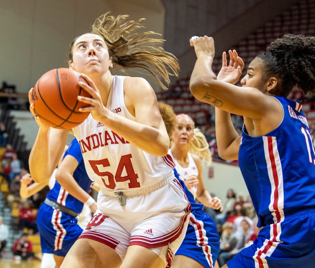 Indiana's Mackenzie Holmes (54) scores during the first half of the Indiana versus UMass Lowell women's basketball game at Simon Skjodt Assembly Hall on Friday, Nov. 11, 2022.