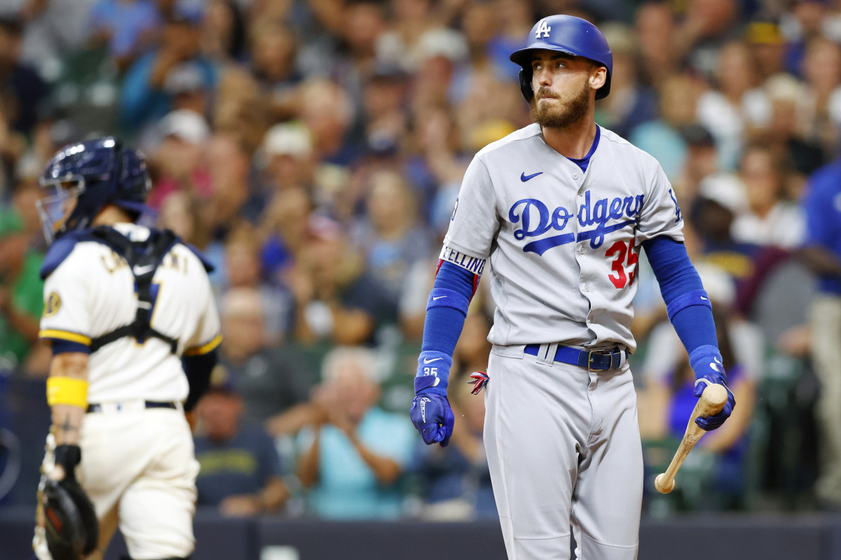 Cody Bellinger reacts after striking out.