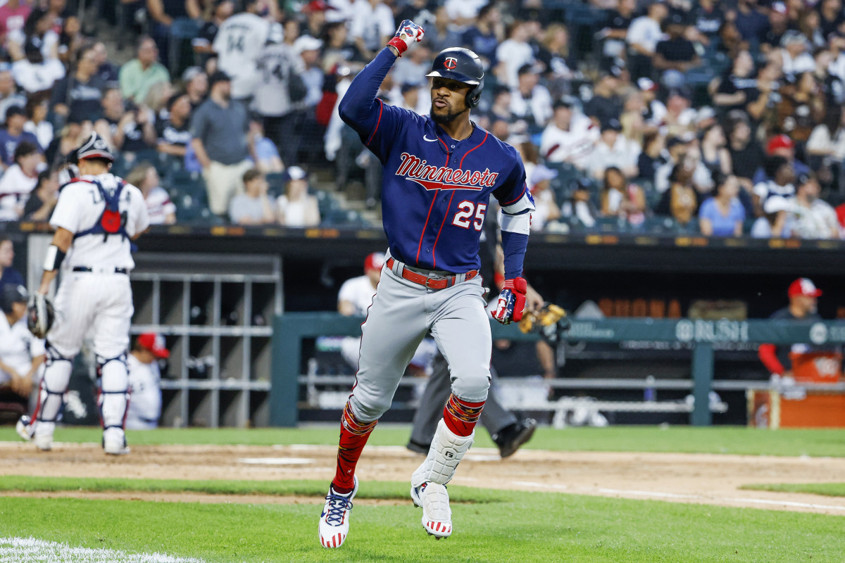 Twins center fielder Byron Buxton celebrates after hitting a two-run home run against the White Sox.