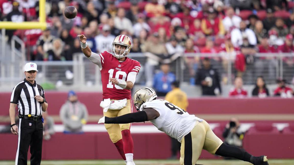 Saints DT Malcolm Roach called for roughing the passer against 49ers QB Jimmy Garoppolo. Credit: FOX 8 Sports
