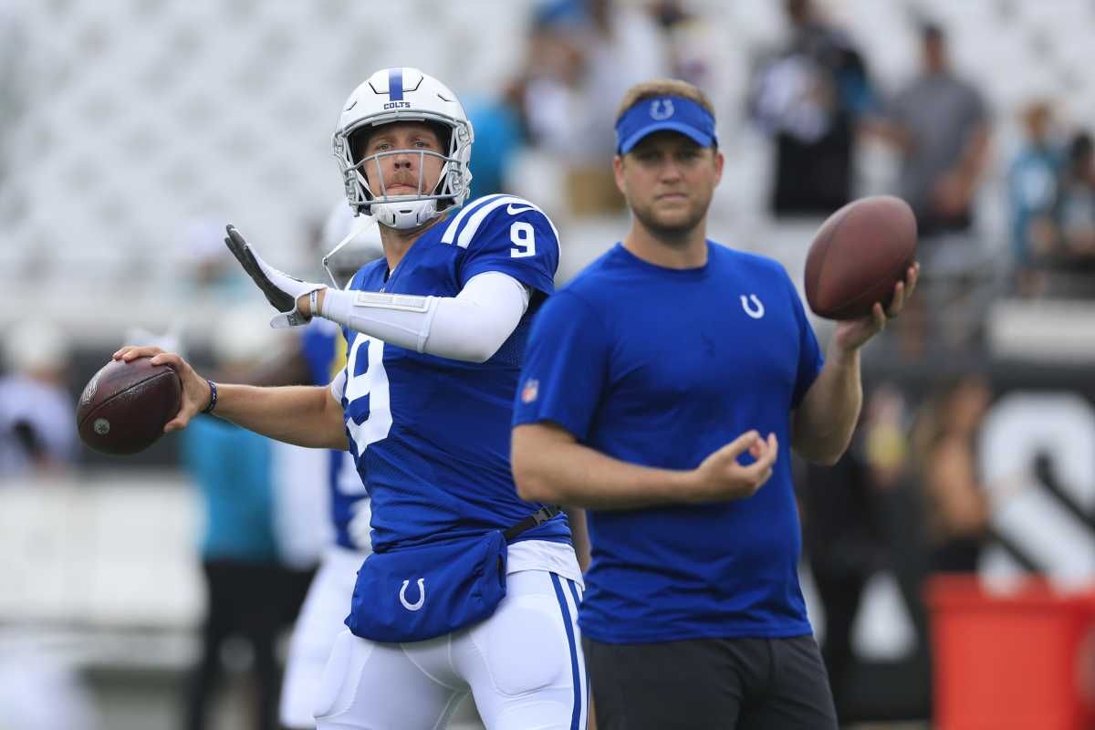 Indianapolis Colts quarterback Nick Foles (9) throws the ball before a regular season game between the Jacksonville Jaguars and the Indianapolis Colts Sunday, Sept. 18, 2022 at TIAA Bank Field in Jacksonville.