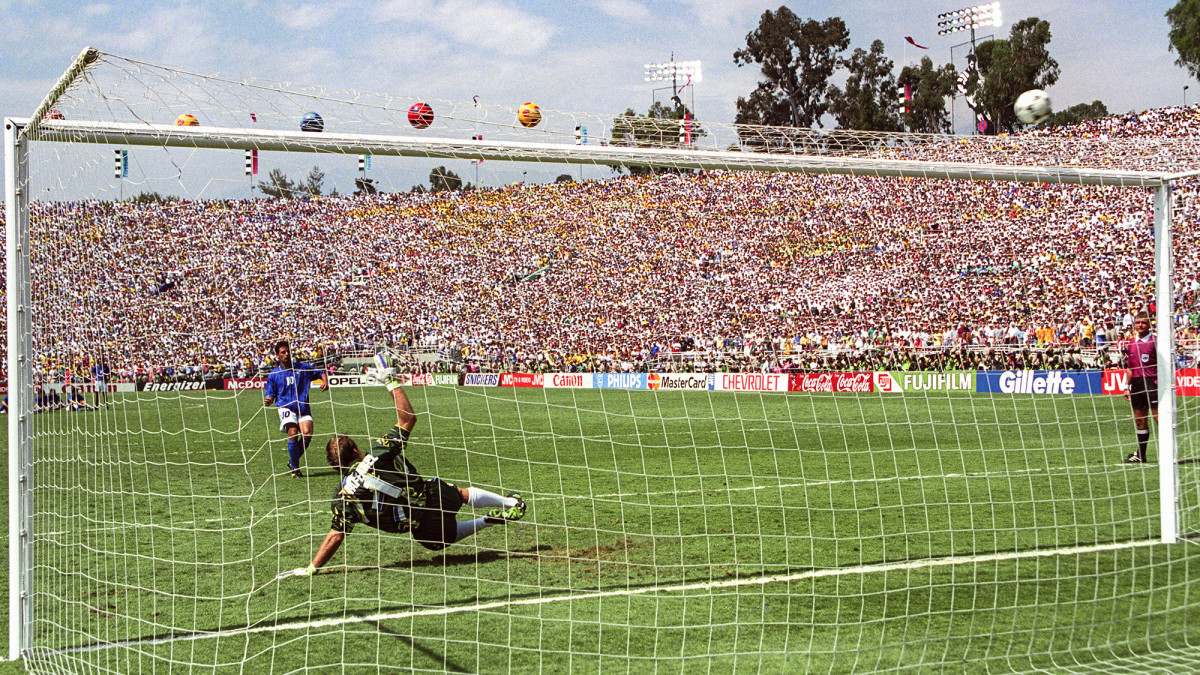 Roberto Baggio fires his penalty kick over the bar