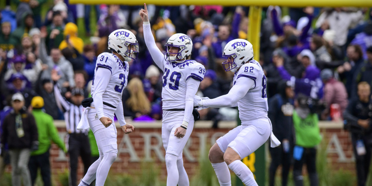 TCU Horned Frogs place kicker Griffin Kell, punter Jordy Sandy and tight end Alex Honig celebrate win.