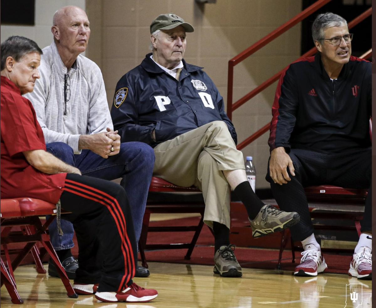 Former Indiana coach Bob Knight sits with trainer Tim Garl (left) and former players Ted Kitchell and Randy Wittman during practice on Tuesday. (Photo courtesy of IU Athletics)