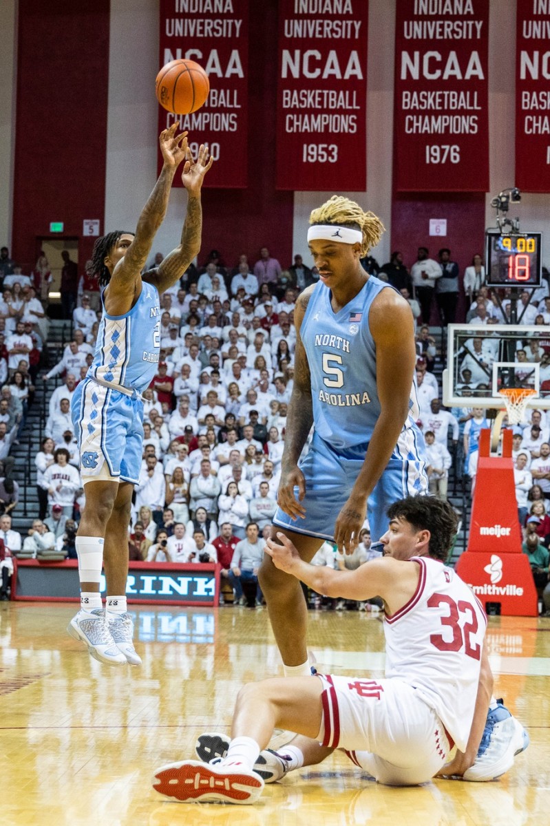 North Carolina Tar Heels guard Caleb Love (2) shoots the ball in the second half against the Indiana Hoosiers at Simon Skjodt Assembly Hall.North Carolina Tar Heels guard Caleb Love (2) shoots the ball in the second half against the Indiana Hoosiers at Simon Skjodt Assembly Hall.