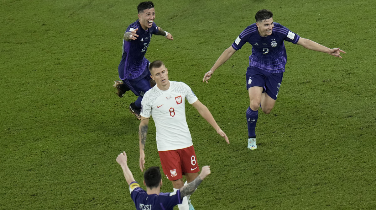 Argentina celebrates a goal at the World Cup vs. Poland.