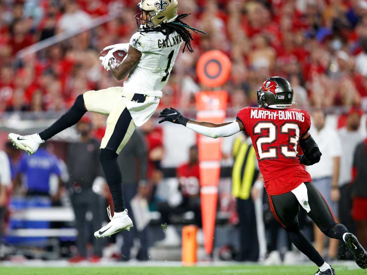 Dec 19, 2021; New Orleans Saints receiver Marquez Callaway (1) catches a pass against Tampa Bay Buccaneers cornerback Sean Murphy-Bunting (23). Mandatory Credit: Nathan Ray Seebeck-USA TODAY Sports