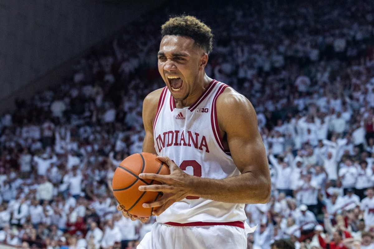 Indiana Hoosiers forward Trayce Jackson-Davis (23) reacts to a basket in the first half against the North Carolina Tar Heels at Simon Skjodt Assembly Hall.